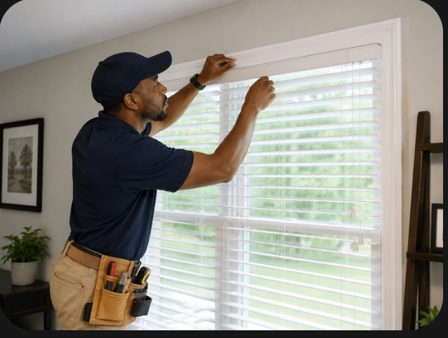 Quinton's technician installing window blinds