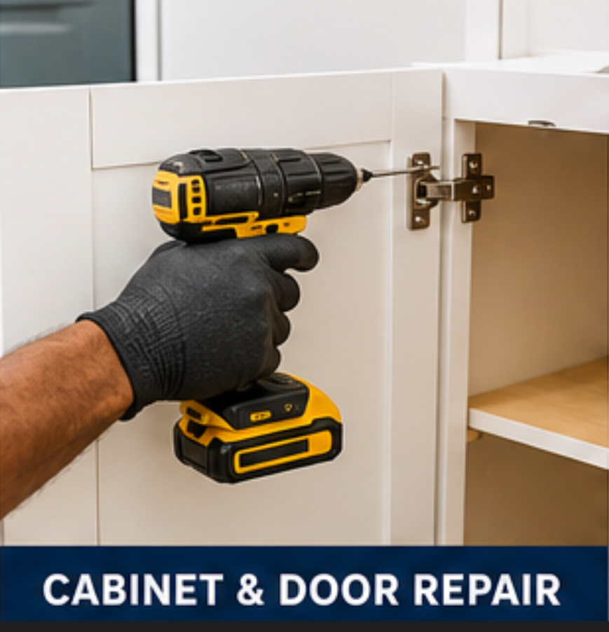 Quinton's technician repairing a cabinet hinge