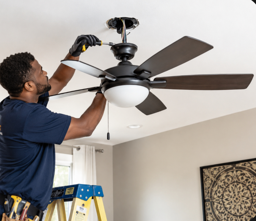 Quinton's technician installing a ceiling fan