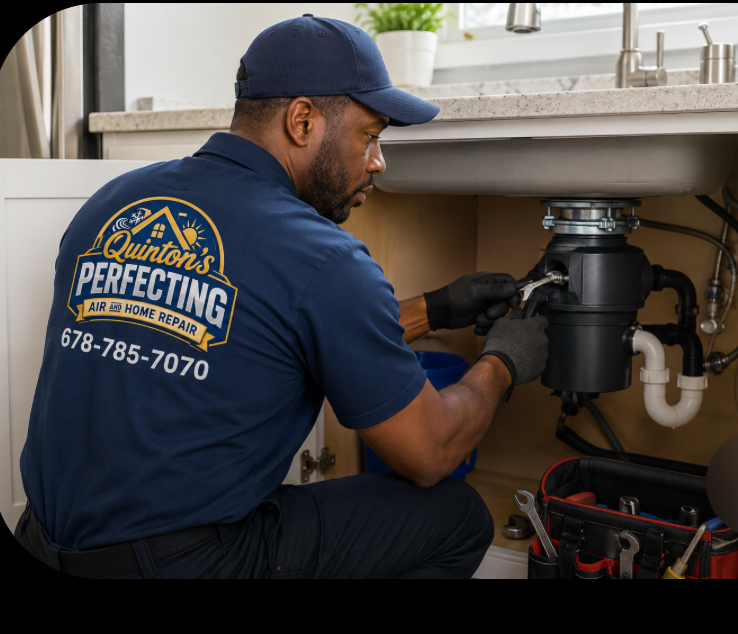 Quinton's technician repairing a garbage disposal under a sink